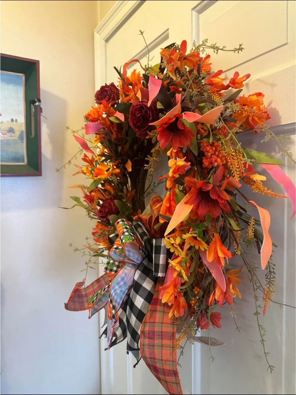 Fall Orange and Burgundy Holiday Wreath with Plaid Bow
